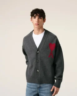 Ami Paris Grey Wool Ami de Coeur Cardigan HEATHER GREY/RED Cheap