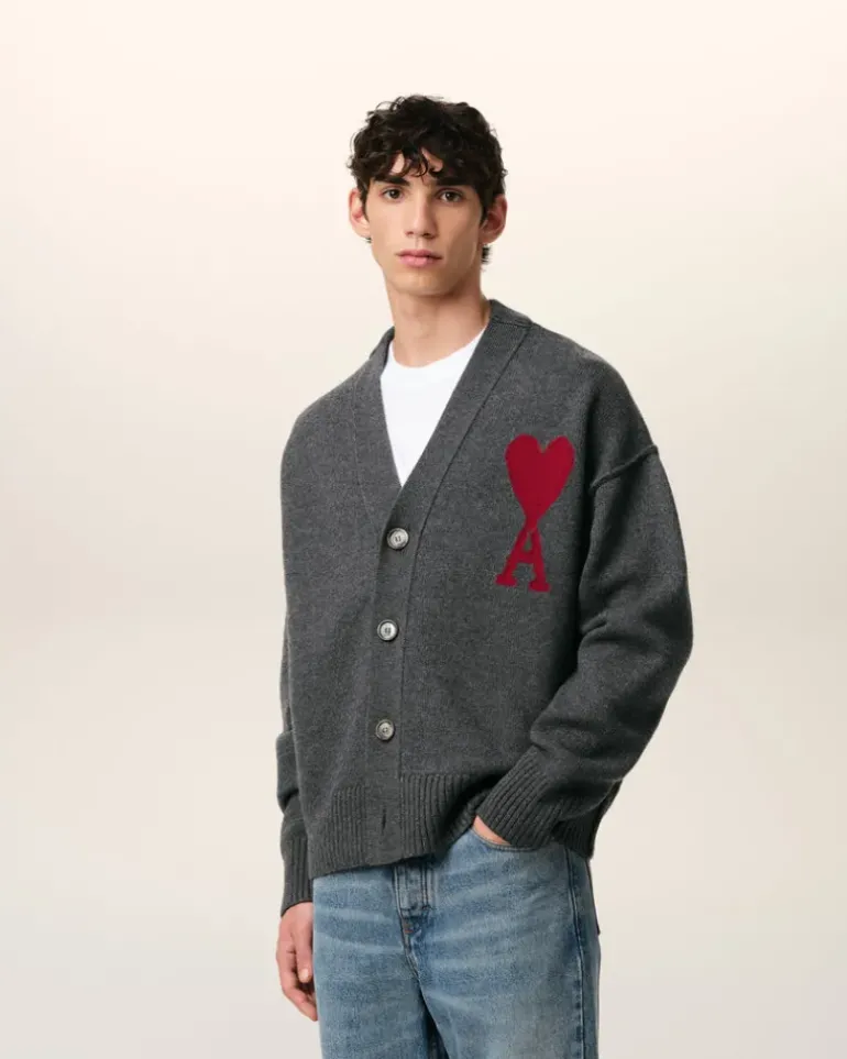 Ami Paris Grey Wool Ami de Coeur Cardigan HEATHER GREY/RED Cheap