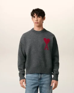 Ami Paris Grey Wool Ami de Coeur Sweater HEATHER GREY/RED Online