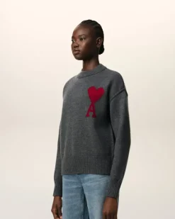 Ami Paris Grey Wool Ami de Coeur Sweater HEATHER GREY/RED Online