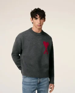 Ami Paris Grey Wool Ami de Coeur Sweater HEATHER GREY/RED Online