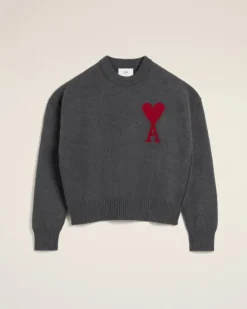 Ami Paris Grey Wool Ami de Coeur Sweater HEATHER GREY/RED Online
