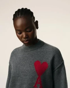 Ami Paris Grey Wool Ami de Coeur Sweater HEATHER GREY/RED Online