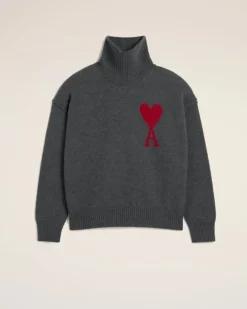 Ami Paris Grey Wool Ami de Coeur Sweater HEATHER GREY/RED Outlet