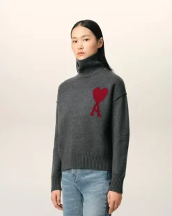 Ami Paris Grey Wool Ami de Coeur Sweater HEATHER GREY/RED Outlet