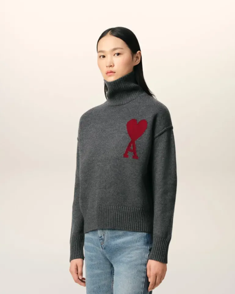 Ami Paris Grey Wool Ami de Coeur Sweater HEATHER GREY/RED Outlet