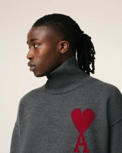 Ami Paris Grey Wool Ami de Coeur Sweater HEATHER GREY/RED Outlet