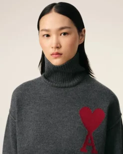 Ami Paris Grey Wool Ami de Coeur Sweater HEATHER GREY/RED Outlet