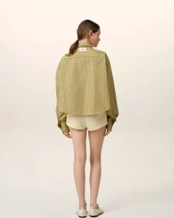 Ami Paris Khaki Cotton Cropped Oversized Shirt LICHEN/WHITE/CURRY New