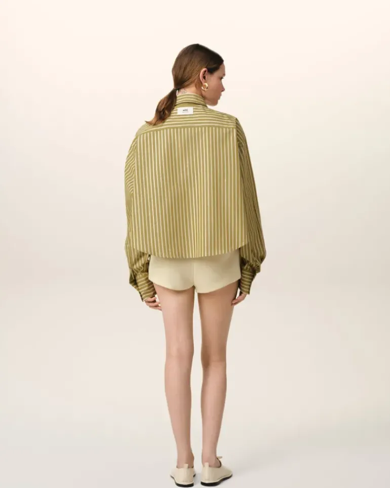 Ami Paris Khaki Cotton Cropped Oversized Shirt LICHEN/WHITE/CURRY New