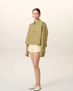 Ami Paris Khaki Cotton Cropped Oversized Shirt LICHEN/WHITE/CURRY New