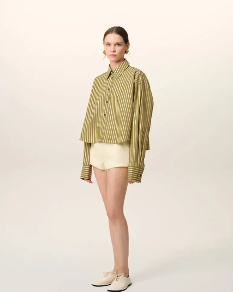 Ami Paris Khaki Cotton Cropped Oversized Shirt LICHEN/WHITE/CURRY New