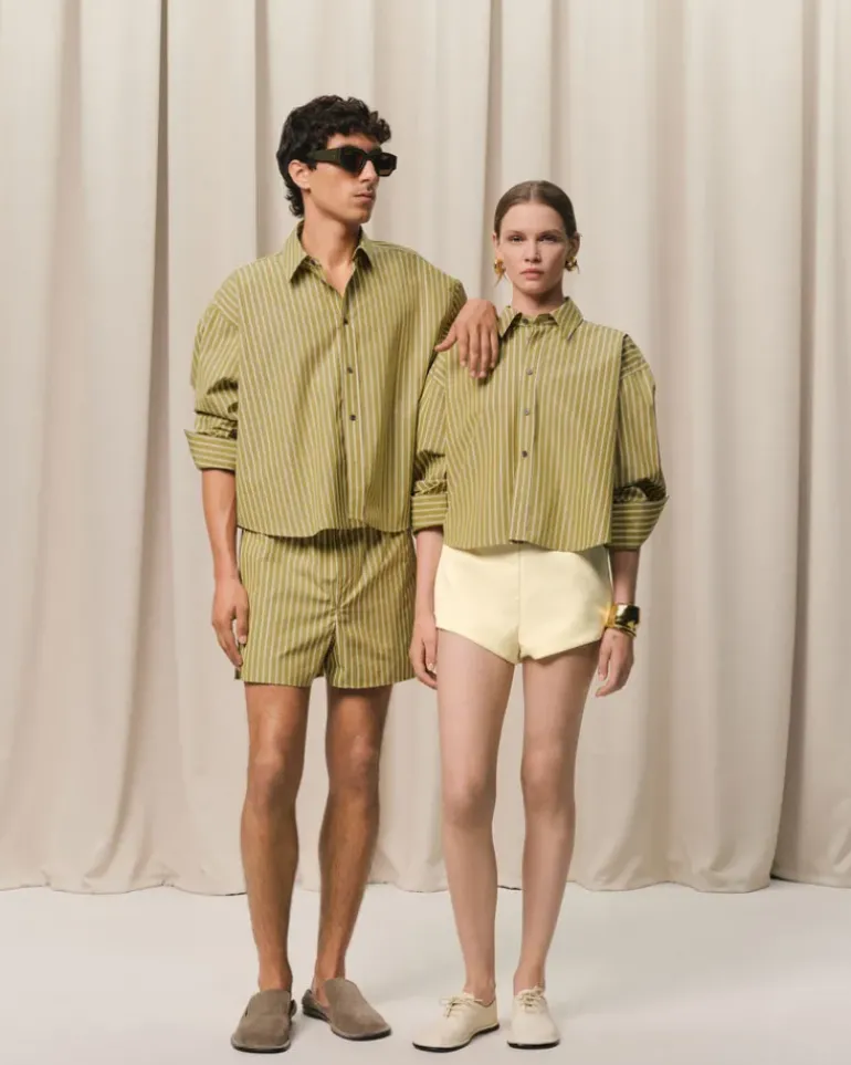 Ami Paris Khaki Cotton Cropped Oversized Shirt LICHEN/WHITE/CURRY New