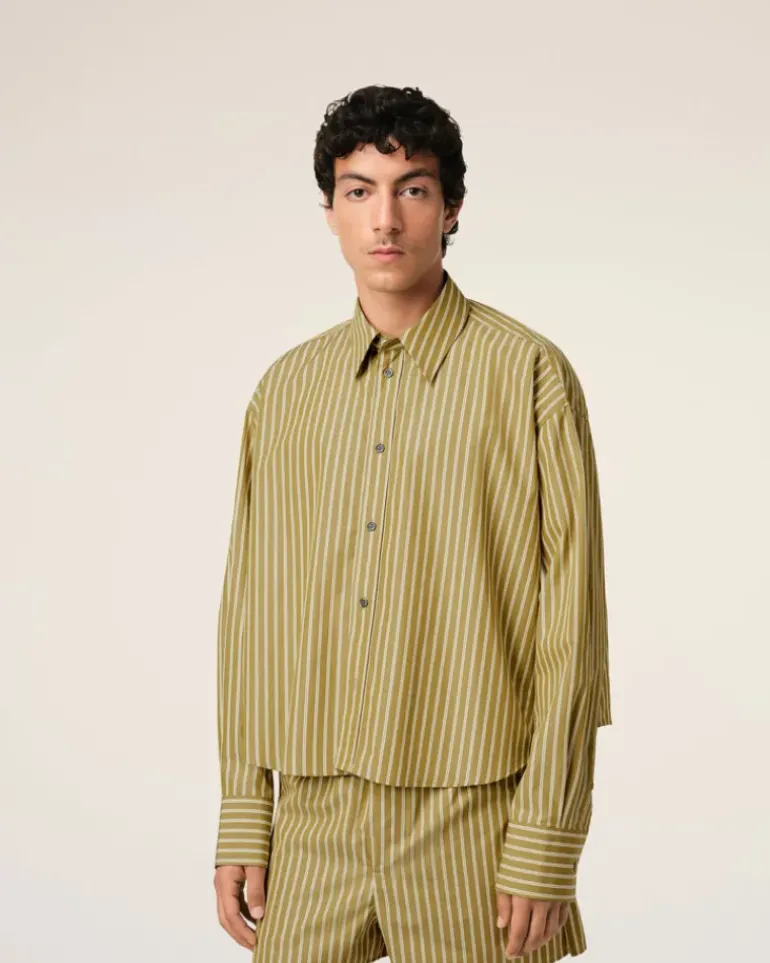 Ami Paris Khaki Cotton Cropped Oversized Shirt LICHEN/WHITE/CURRY New