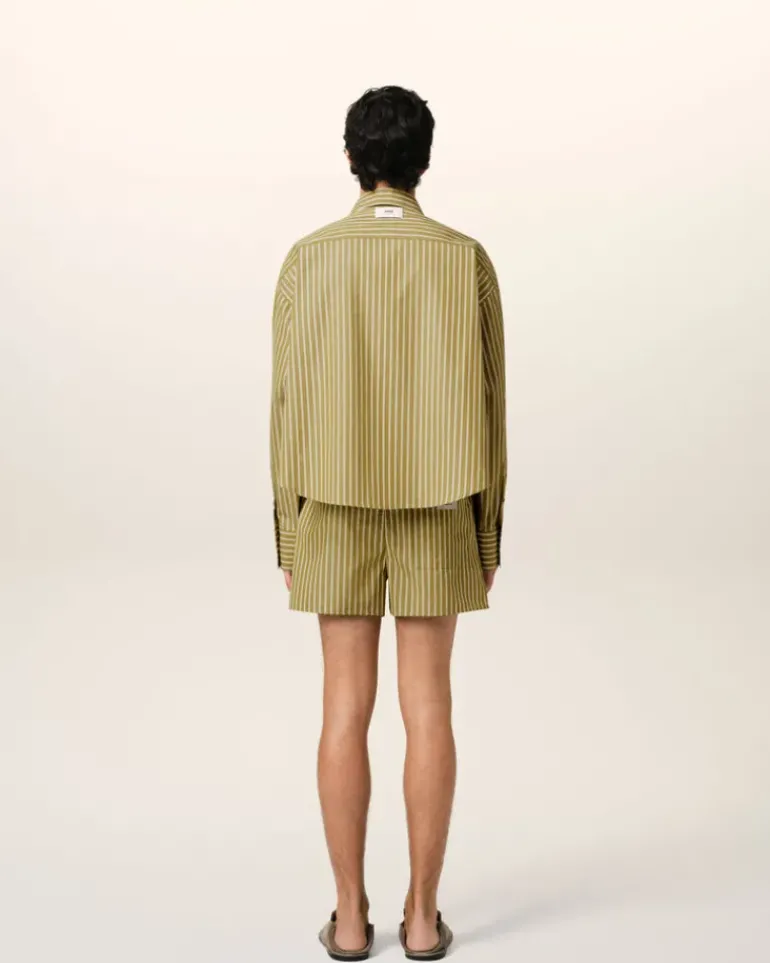 Ami Paris Khaki Cotton Cropped Oversized Shirt LICHEN/WHITE/CURRY New