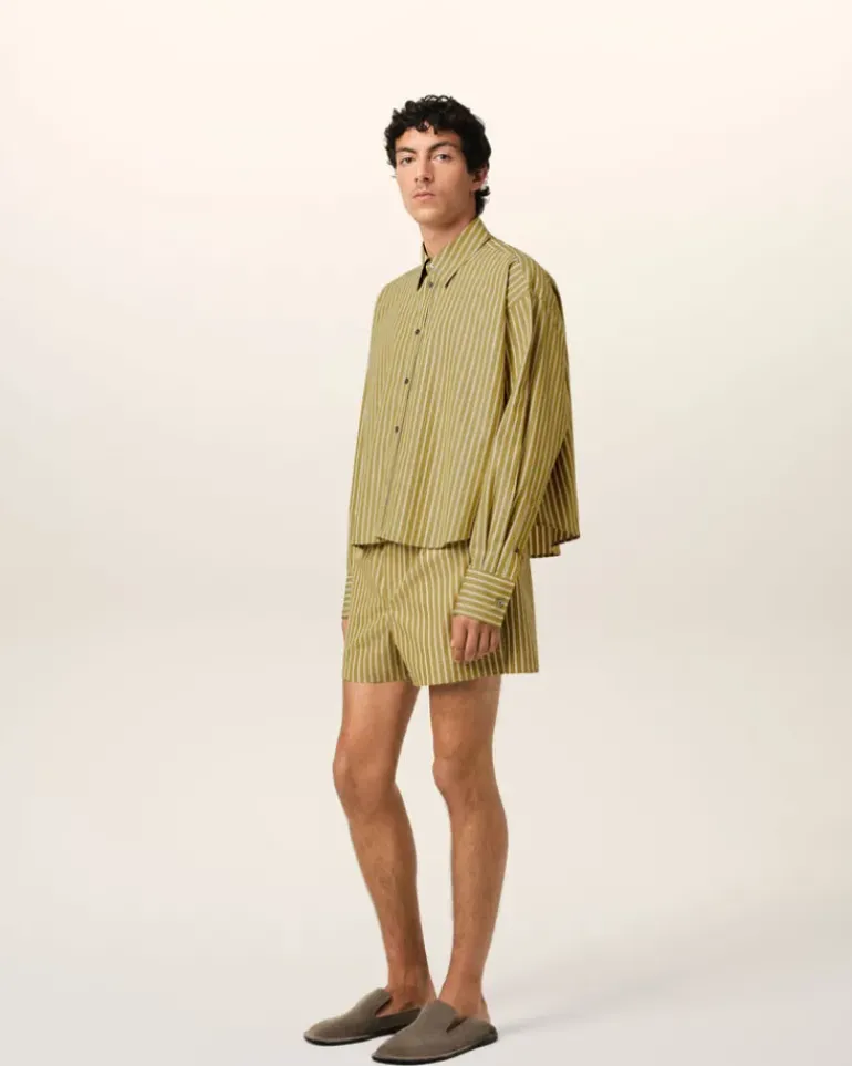Ami Paris Khaki Cotton Cropped Oversized Shirt LICHEN/WHITE/CURRY New