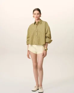 Ami Paris Khaki Cotton Cropped Oversized Shirt LICHEN/WHITE/CURRY New
