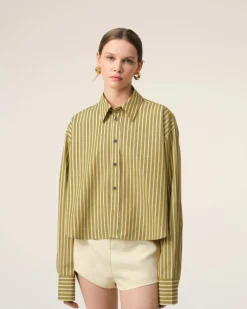 Ami Paris Khaki Cotton Cropped Oversized Shirt LICHEN/WHITE/CURRY New