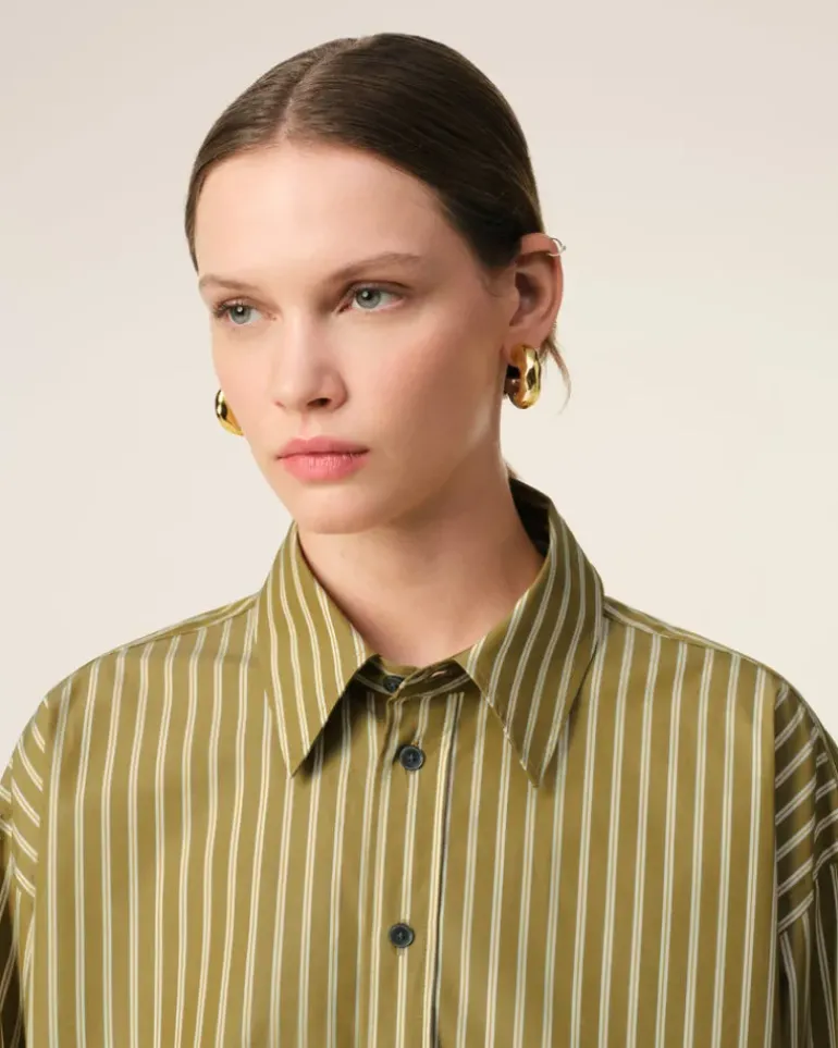 Ami Paris Khaki Cotton Cropped Oversized Shirt LICHEN/WHITE/CURRY New