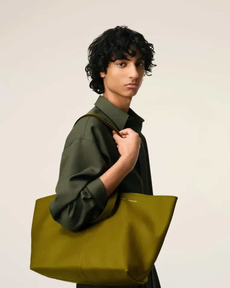 Ami Paris Khaki Leather Midi Tote Bag LICHEN Sale
