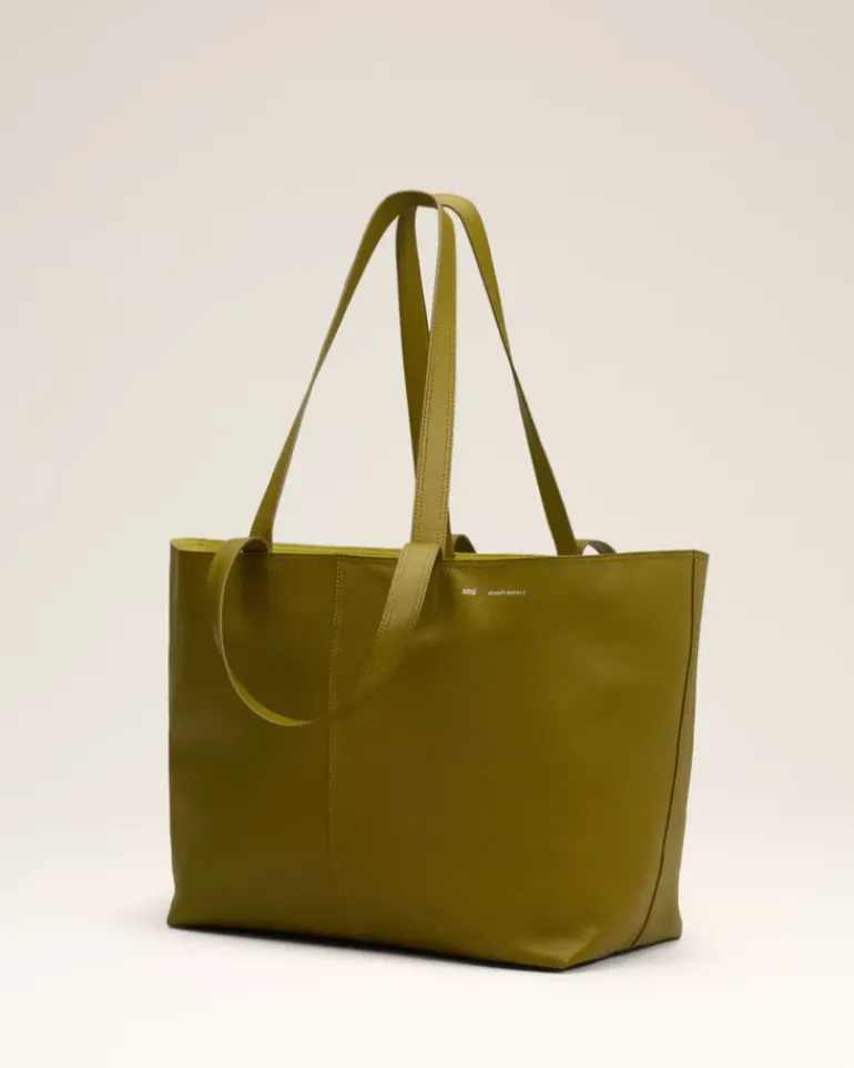 Ami Paris Khaki Leather Midi Tote Bag LICHEN Sale