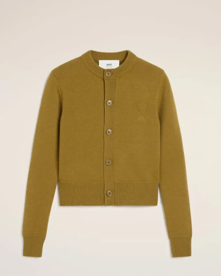 Ami Paris Khaki Wool Knit Ami de Coeur Crewneck Cardigan LICHEN Sale