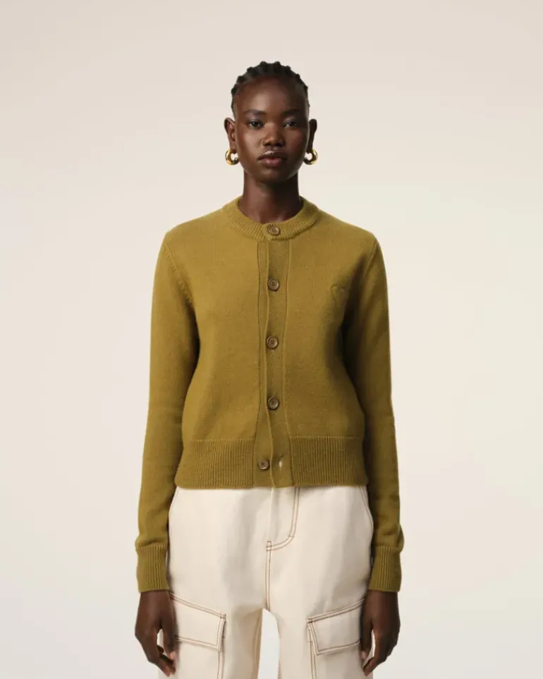 Ami Paris Khaki Wool Knit Ami de Coeur Crewneck Cardigan LICHEN Sale