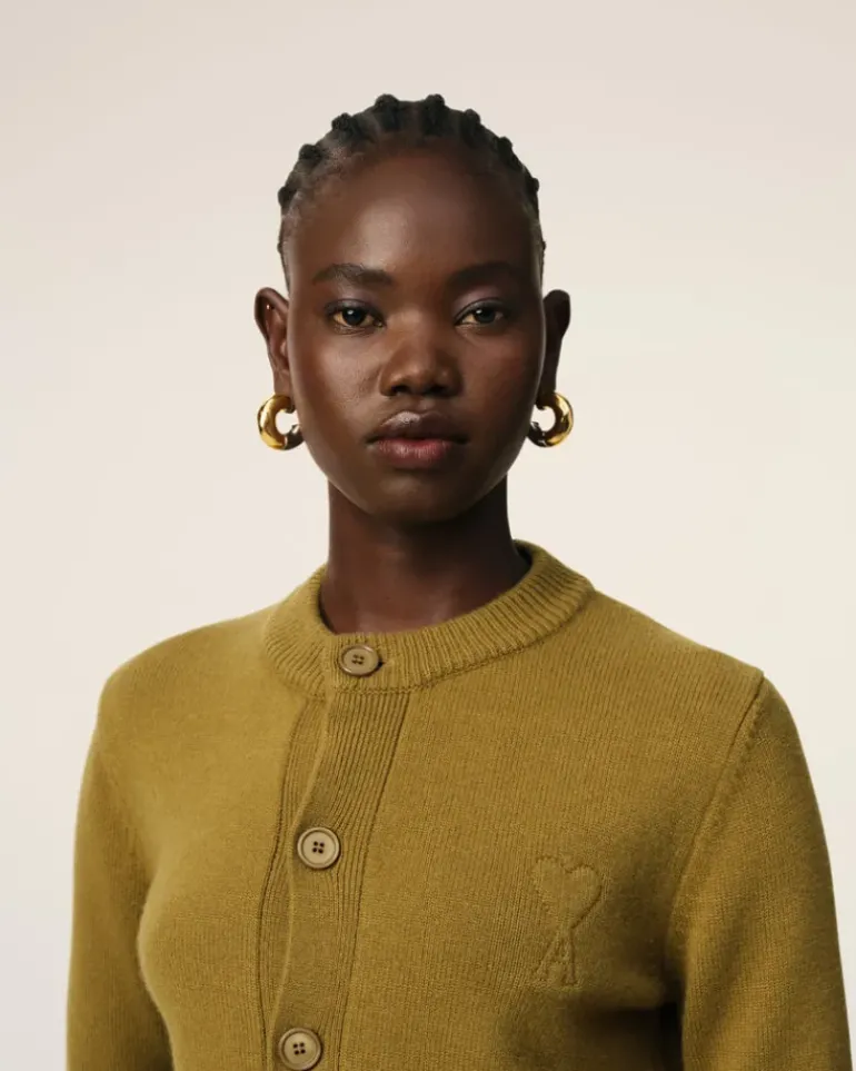 Ami Paris Khaki Wool Knit Ami de Coeur Crewneck Cardigan LICHEN Sale