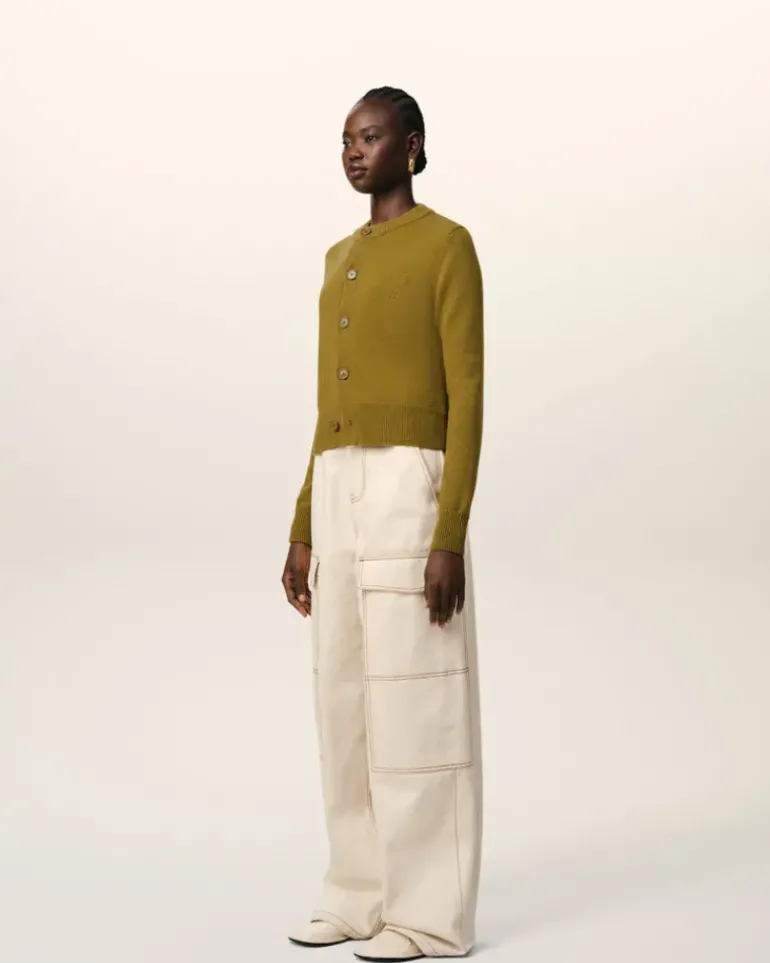 Ami Paris Khaki Wool Knit Ami de Coeur Crewneck Cardigan LICHEN Sale