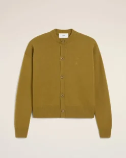 Ami Paris Khaki Wool Knit Ami de Coeur Crewneck Cardigan LICHEN Clearance
