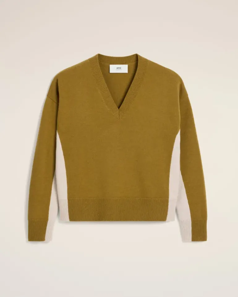 Ami Paris Khaki Wool Knit Bicolor V Neck Sweater LICHEN/MASTIC Outlet