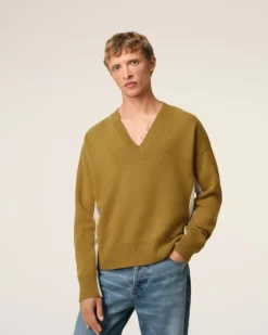 Ami Paris Khaki Wool Knit Bicolor V Neck Sweater LICHEN/MASTIC Outlet