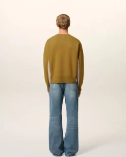 Ami Paris Khaki Wool Knit Bicolor V Neck Sweater LICHEN/MASTIC Outlet