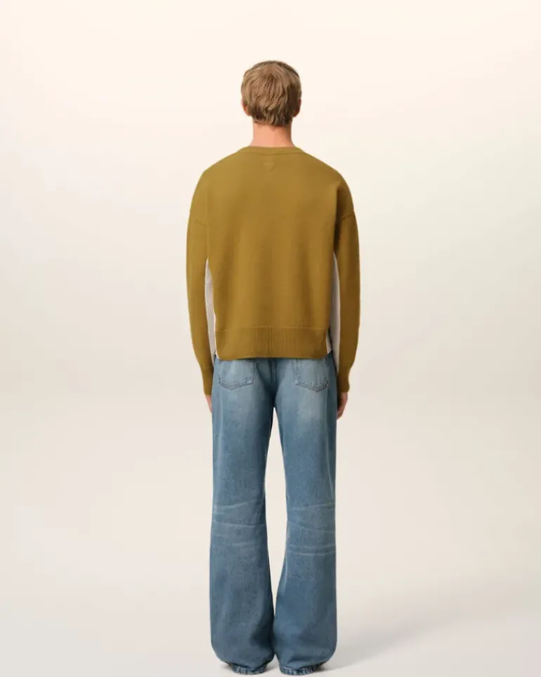 Ami Paris Khaki Wool Knit Bicolor V Neck Sweater LICHEN/MASTIC Outlet