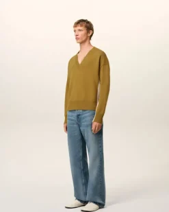 Ami Paris Khaki Wool Knit Bicolor V Neck Sweater LICHEN/MASTIC Outlet