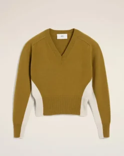 Ami Paris Khaki Wool Knit Bicolor V Neck Sweater LICHEN/MASTIC Cheap