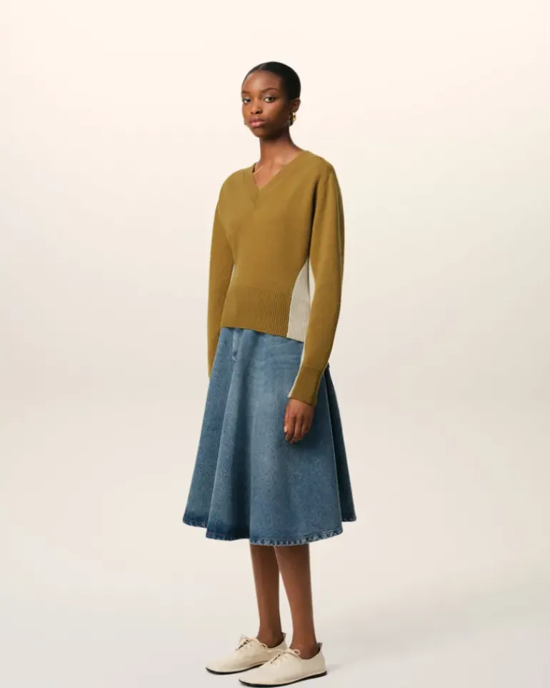 Ami Paris Khaki Wool Knit Bicolor V Neck Sweater LICHEN/MASTIC Cheap
