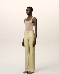 Ami Paris Leather Straight Fit Trousers LIGHT SAND Store