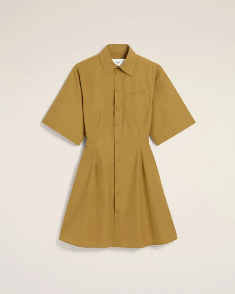 Ami Paris Mustard Cotton Short Sleeve Shirt Dress HAVANA Cheap