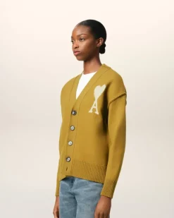 Ami Paris Mustard Wool Ami de Coeur Cardigan HAVANA/OFFWHITE Discount