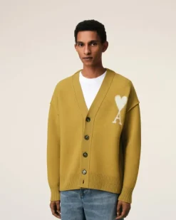 Ami Paris Mustard Wool Ami de Coeur Cardigan HAVANA/OFFWHITE Discount