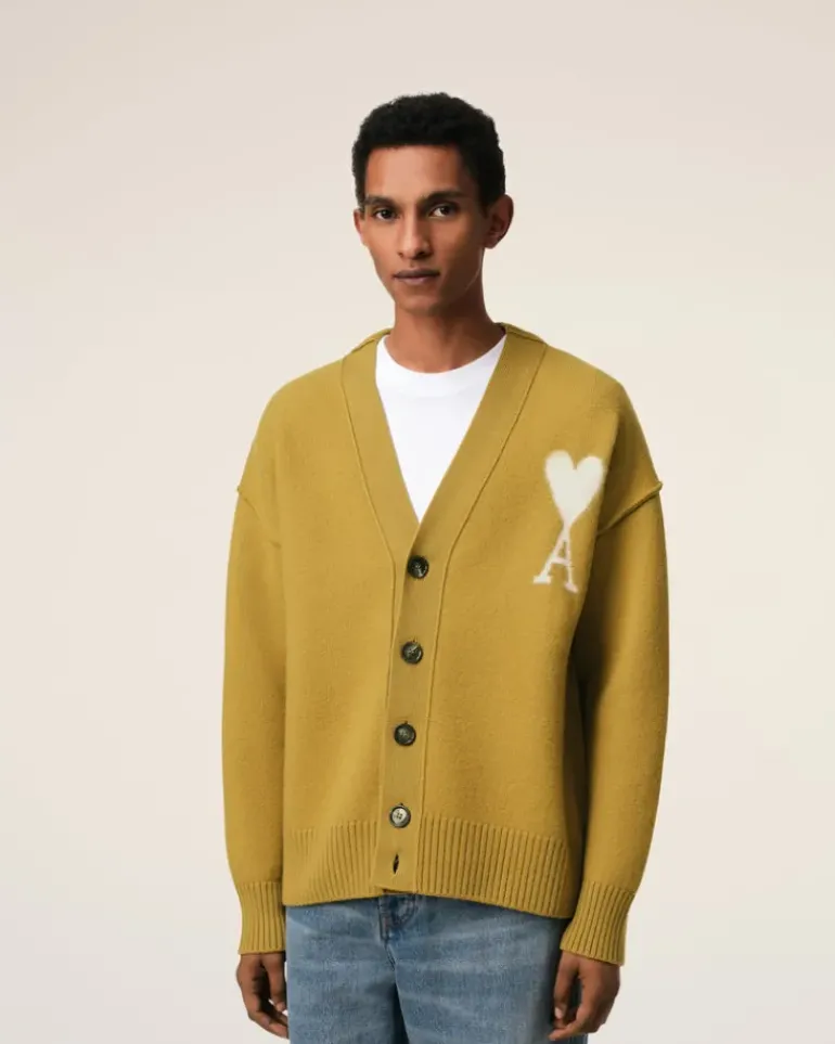 Ami Paris Mustard Wool Ami de Coeur Cardigan HAVANA/OFFWHITE Discount