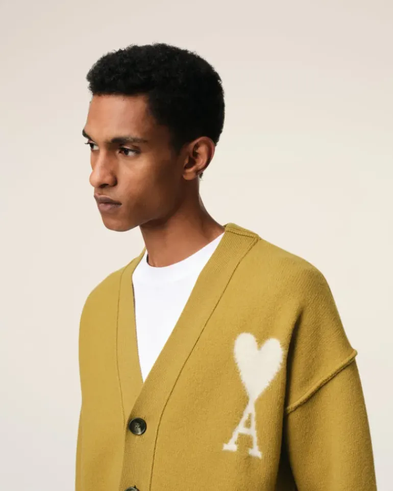 Ami Paris Mustard Wool Ami de Coeur Cardigan HAVANA/OFFWHITE Discount