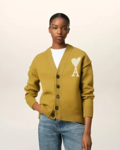 Ami Paris Mustard Wool Ami de Coeur Cardigan HAVANA/OFFWHITE Discount