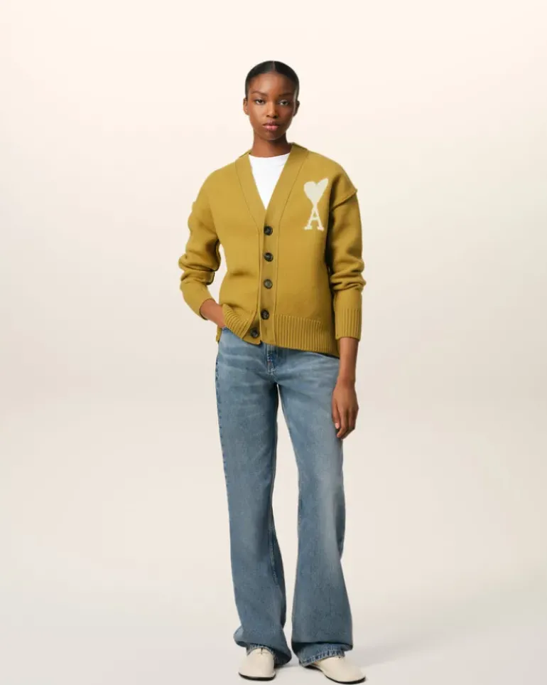 Ami Paris Mustard Wool Ami de Coeur Cardigan HAVANA/OFFWHITE Discount