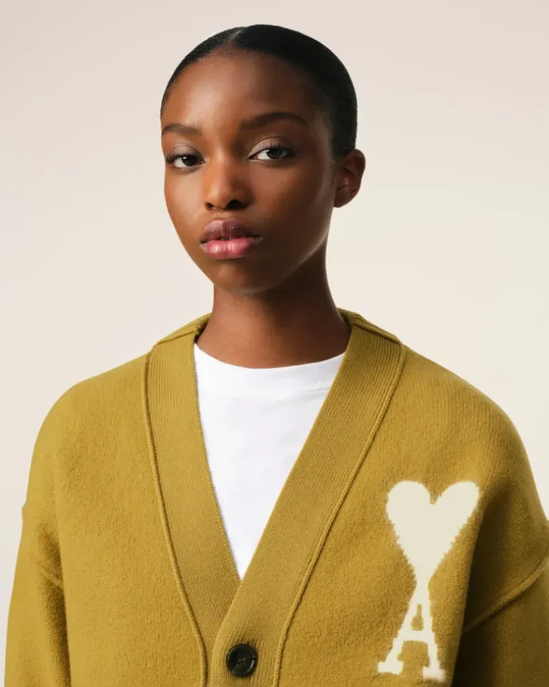 Ami Paris Mustard Wool Ami de Coeur Cardigan HAVANA/OFFWHITE Discount