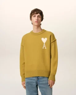 Ami Paris Mustard Wool Ami de Coeur Sweater HAVANA/OFFWHITE Discount