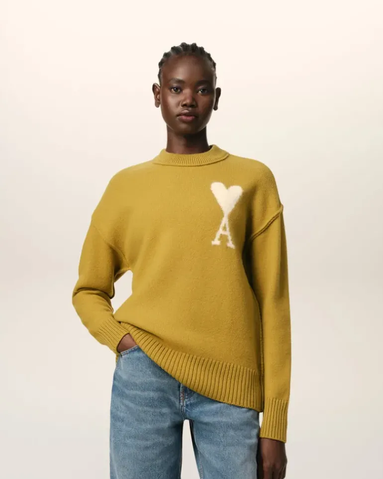 Ami Paris Mustard Wool Ami de Coeur Sweater HAVANA/OFFWHITE Discount