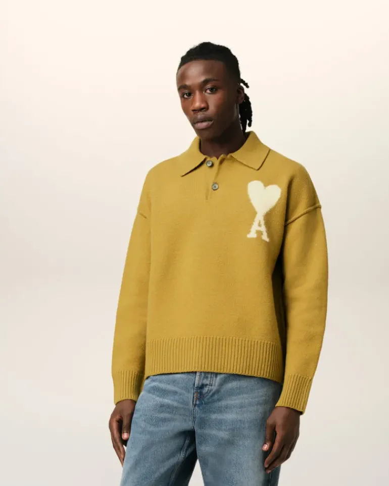 Ami Paris Mustard Wool Ami de Coeur Polo HAVANA/OFFWHITE Sale