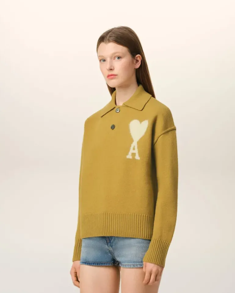 Ami Paris Mustard Wool Ami de Coeur Polo HAVANA/OFFWHITE Sale